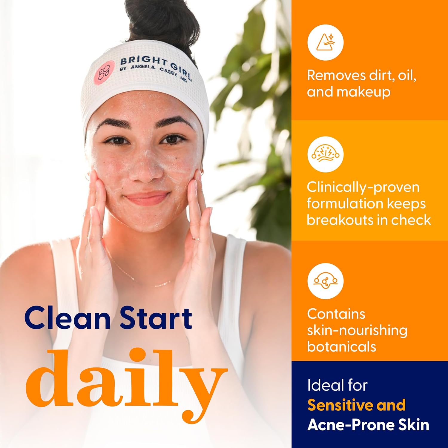 Bright+Clean Gel Facial Cleanser for Sensitive Teen Skin - Gentle pH Balanced Face Wash with Aloe Allantoin Coconut Oil, Clean 6.7oz
