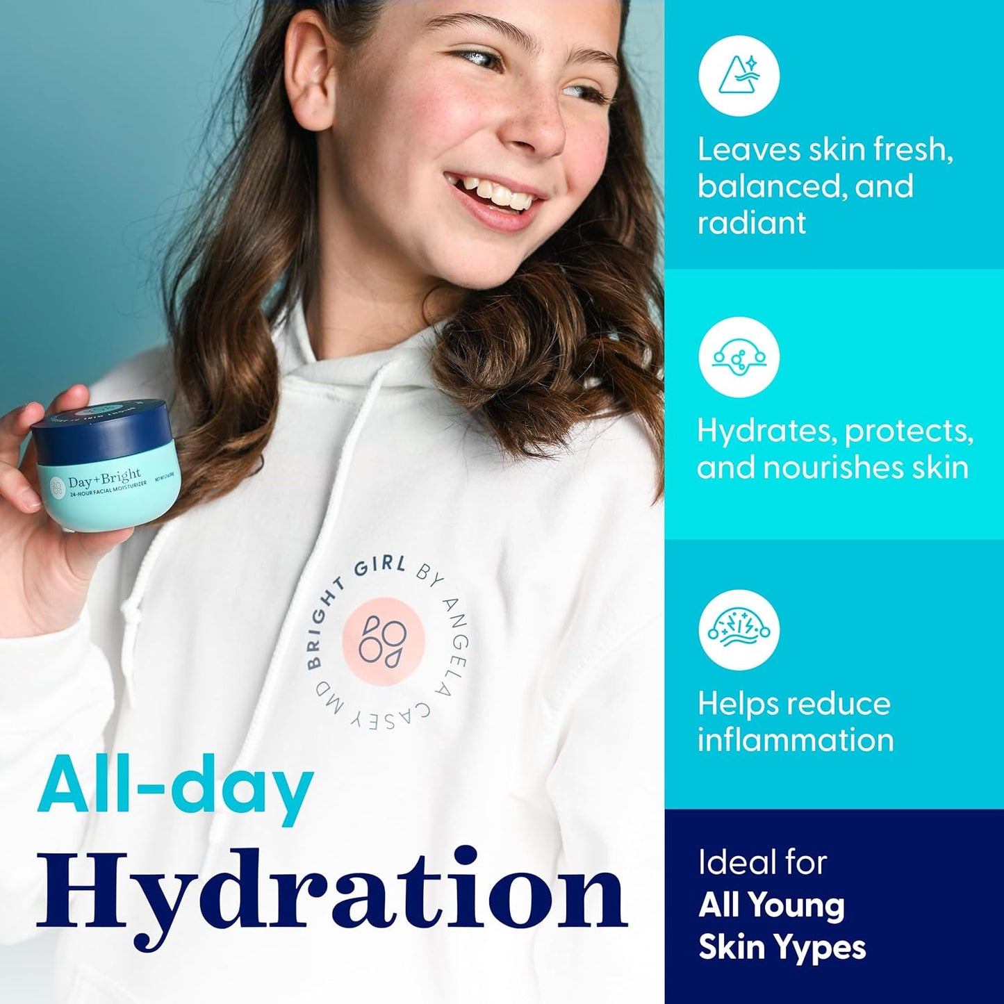 Day+Bright Facial Moisturizer for Teen & Tween Girls, 50mL | Non-Greasy Daily Hydration | pH-Balanced Formula with Chamomile, Turmeric, Ashwagandha, Squalane.