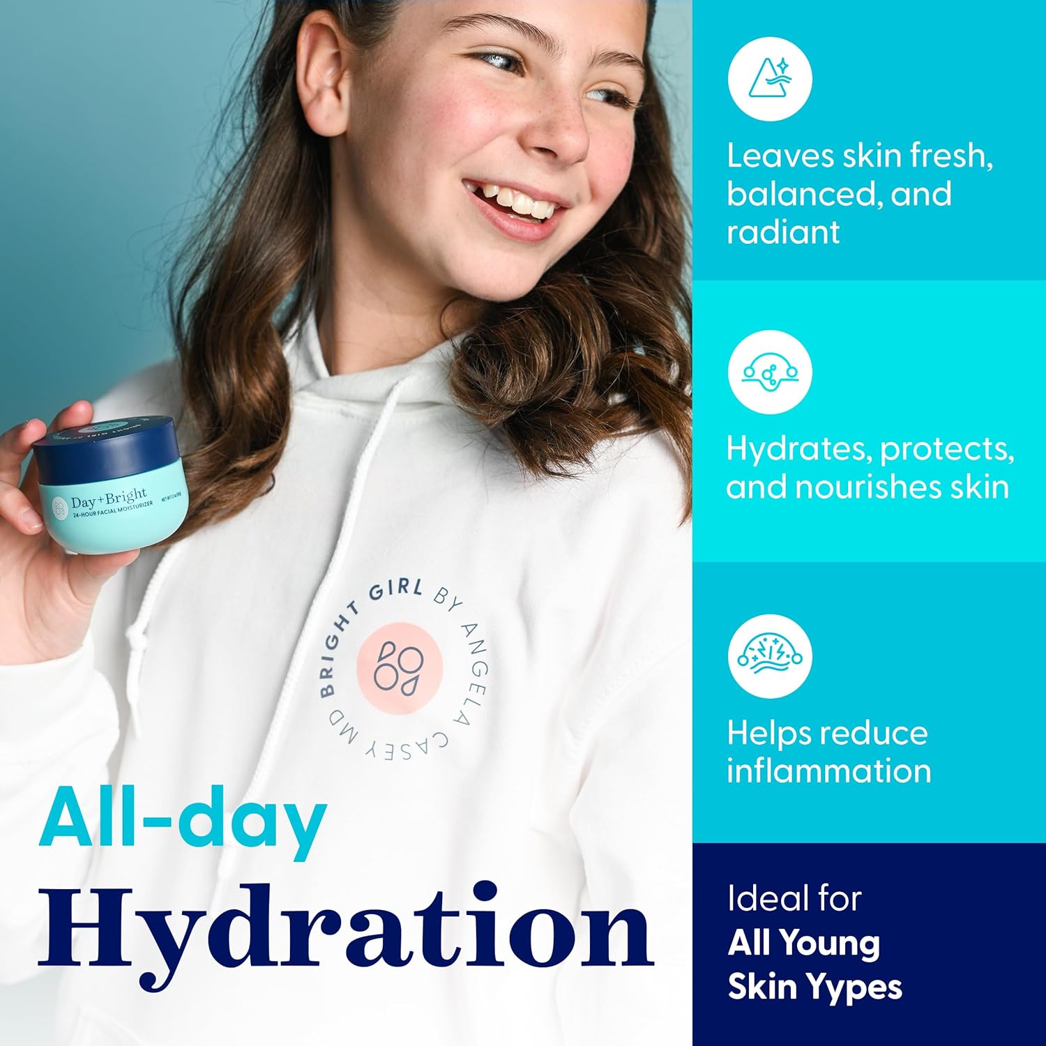 Day+Bright Facial Moisturizer for Teen & Tween Girls, 50mL | Non-Greasy Daily Hydration | pH-Balanced Formula with Chamomile, Turmeric, Ashwagandha, Squalane.